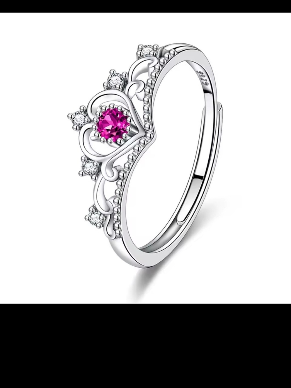 Silver Plated Resizable Pink Heart Crown Ring